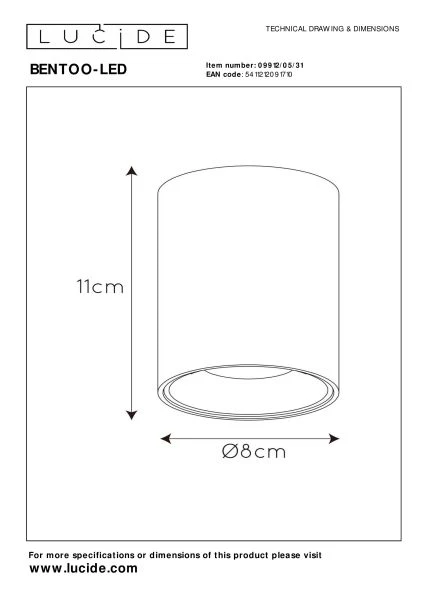 Lucide BENTOO-LED - Plafondspot - Ø 8 cm - LED Dimb. - GU10 - 1x5W 3000K - Wit - technisch